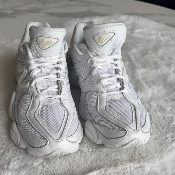 New Balance 9060 White Chunky Mesh & Leather Sneakers - Picture 2 of 5